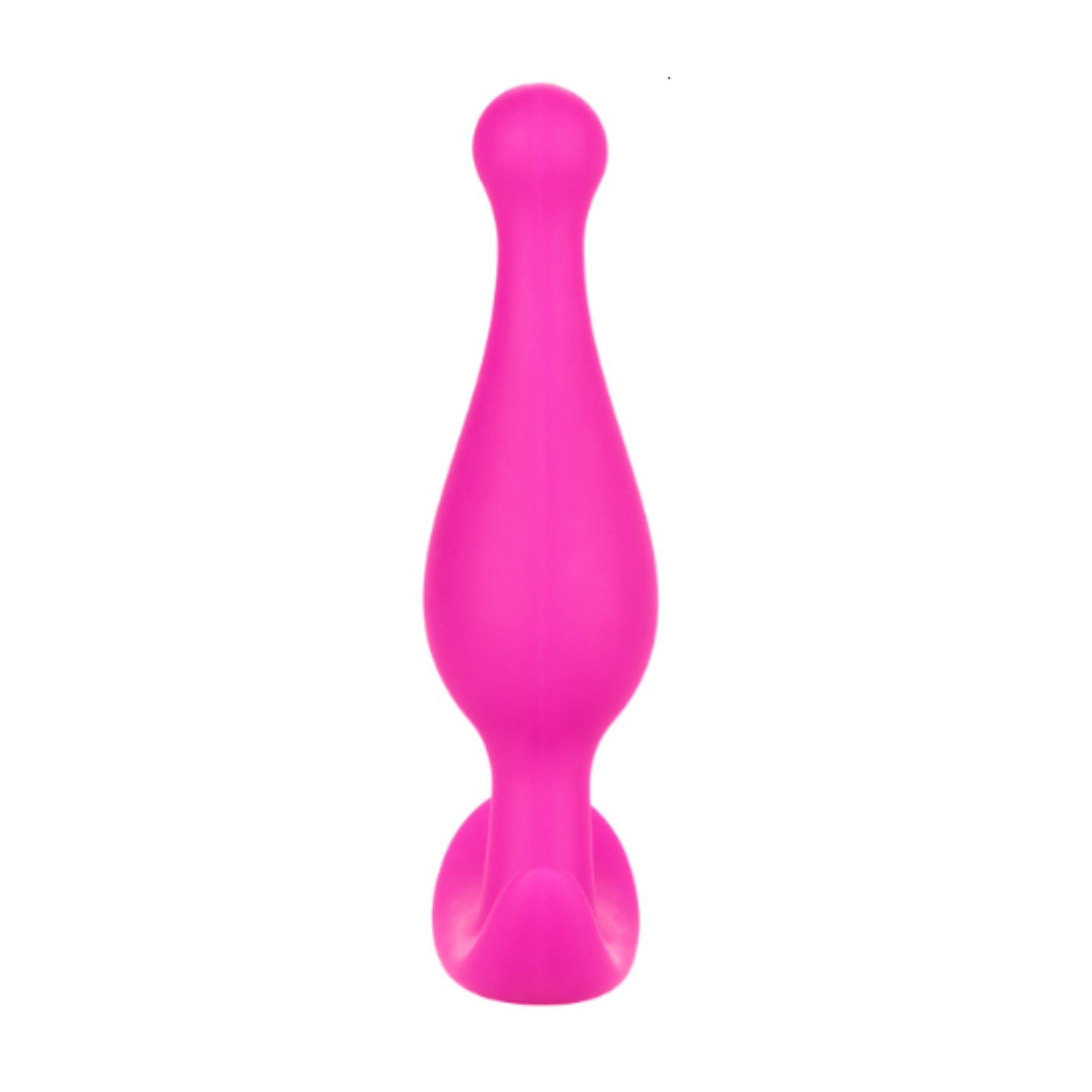 Angled view of pink silicone anal plug on white background