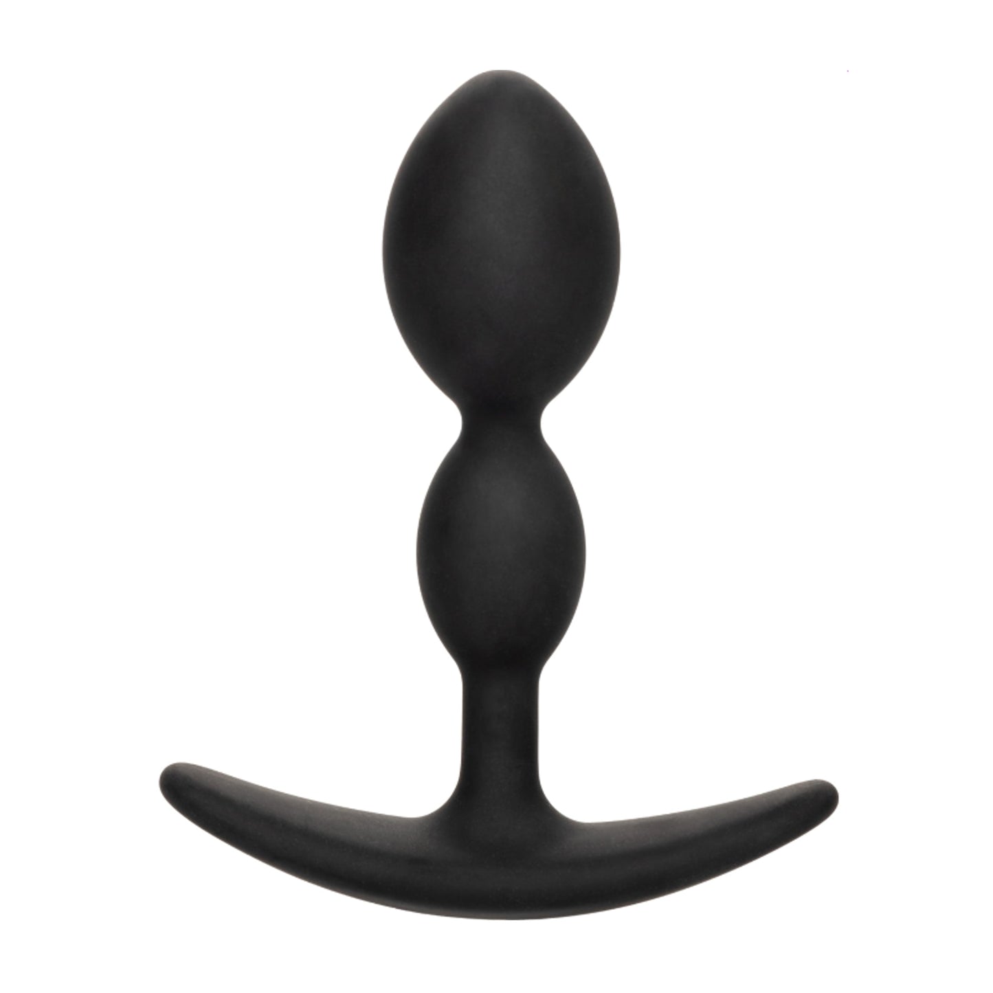 Black silicone teardrop anal plug shown front on white background