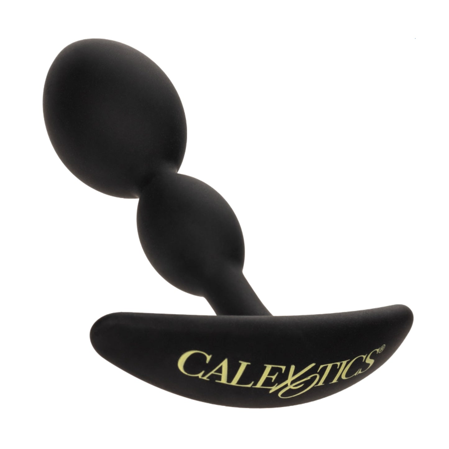 Angled view of teardrop-shaped anal plug showing dual bulb design