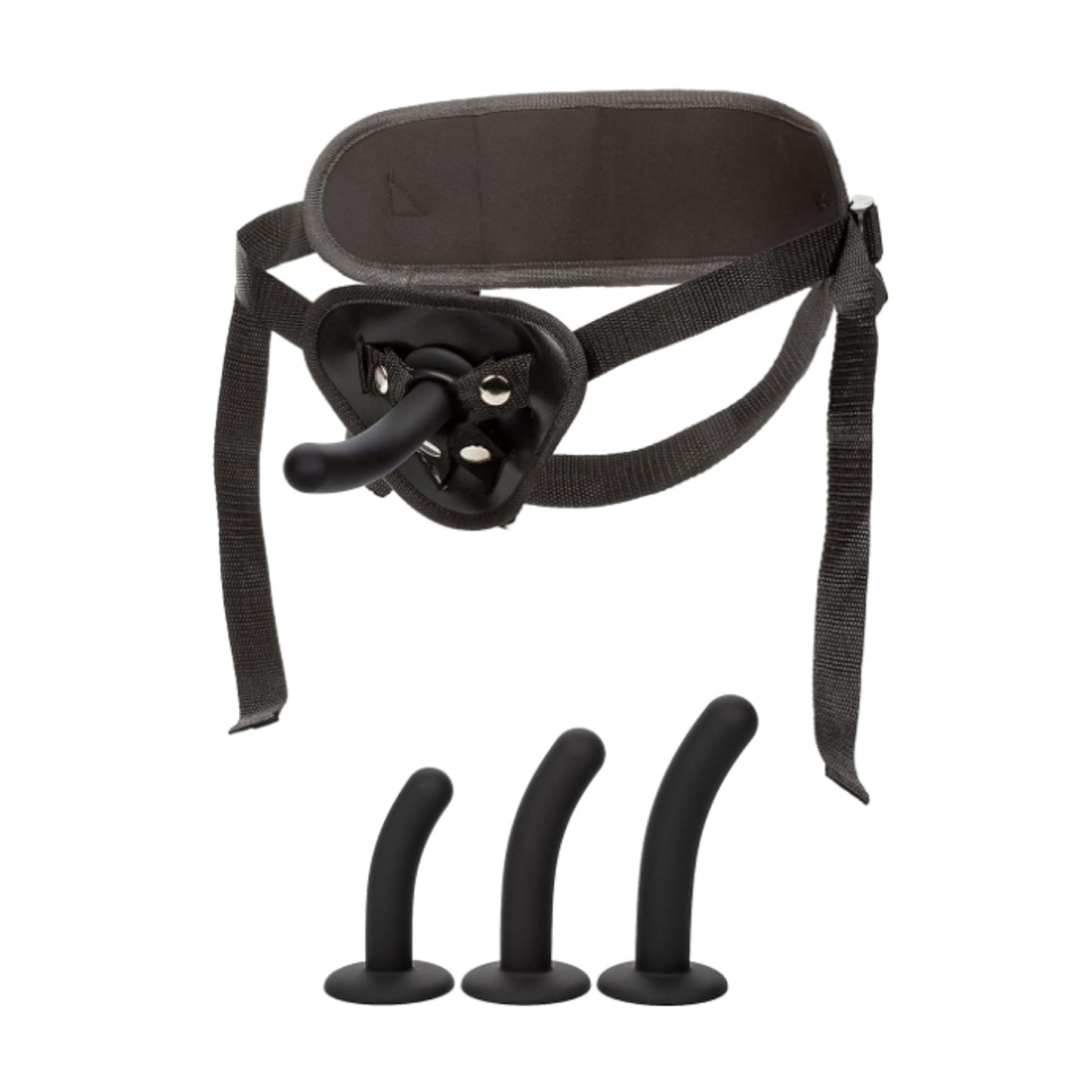Harness with three interchangeable silicone dildos included 