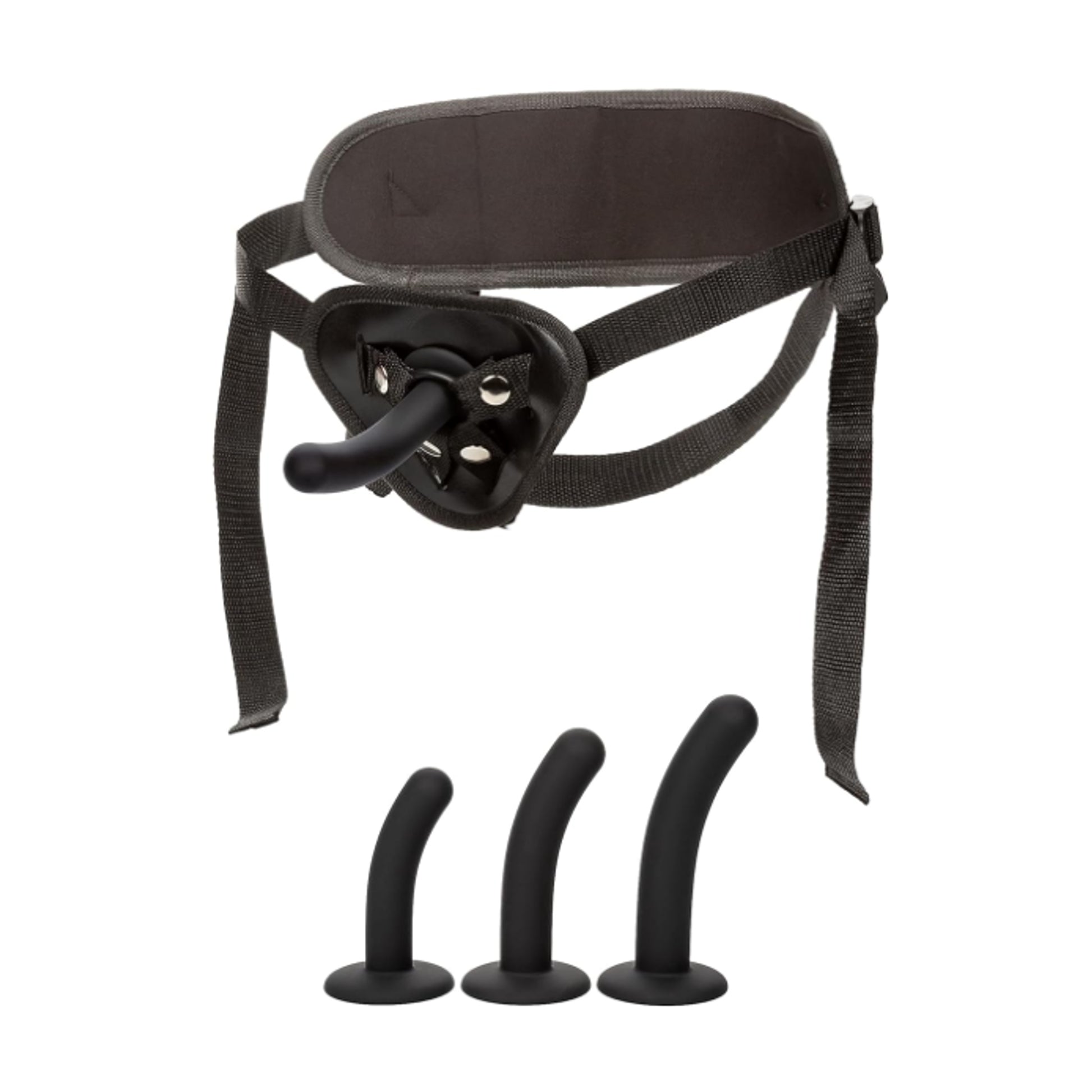 Harness with three interchangeable silicone dildos included 