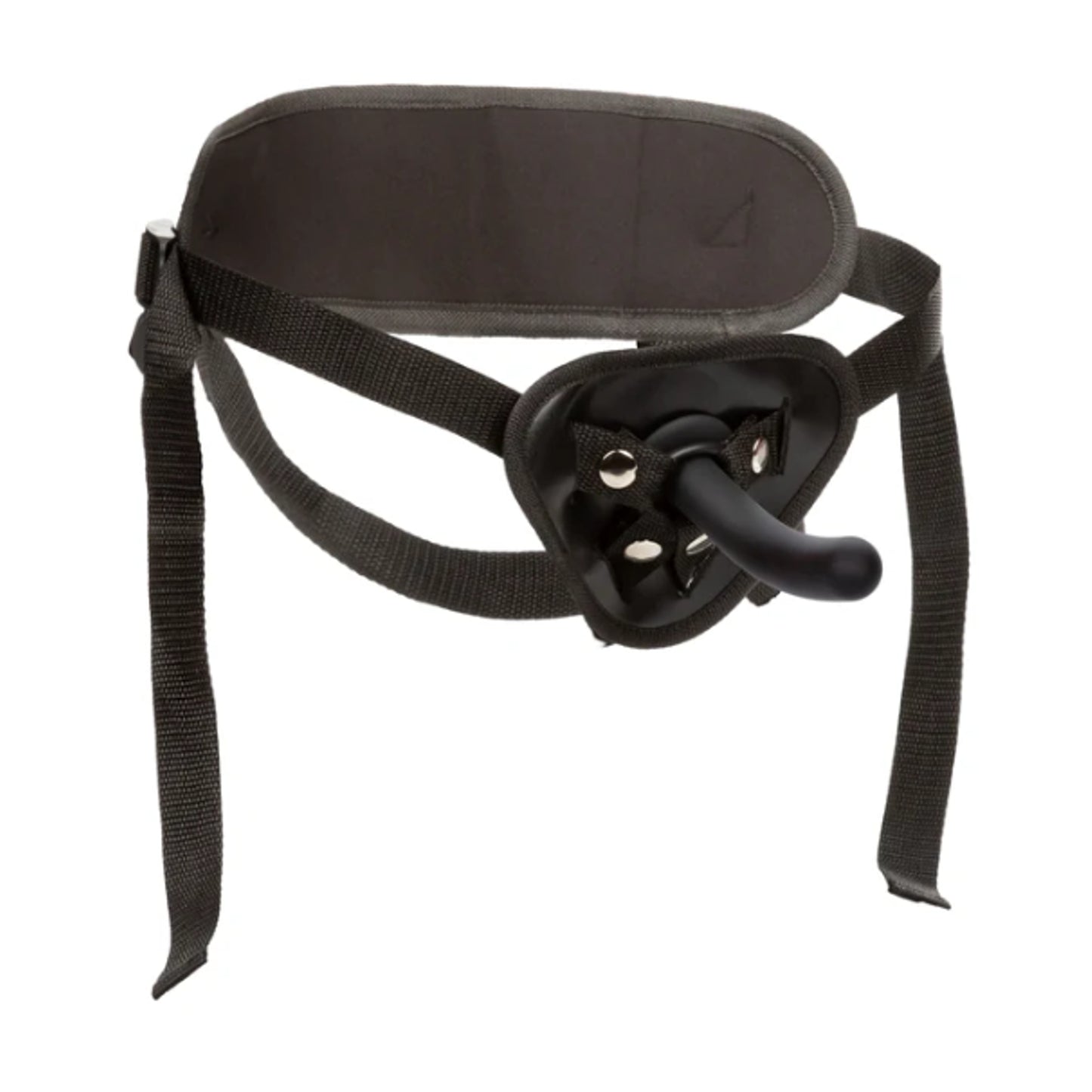 Front view of harness fitted with curved silicone dildo 