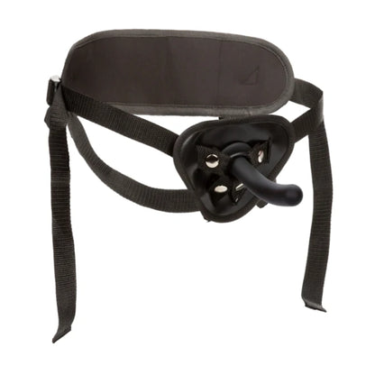 Front view of harness fitted with curved silicone dildo 