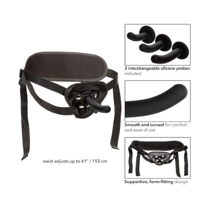 Feature graphic showing harness design and included dildos 