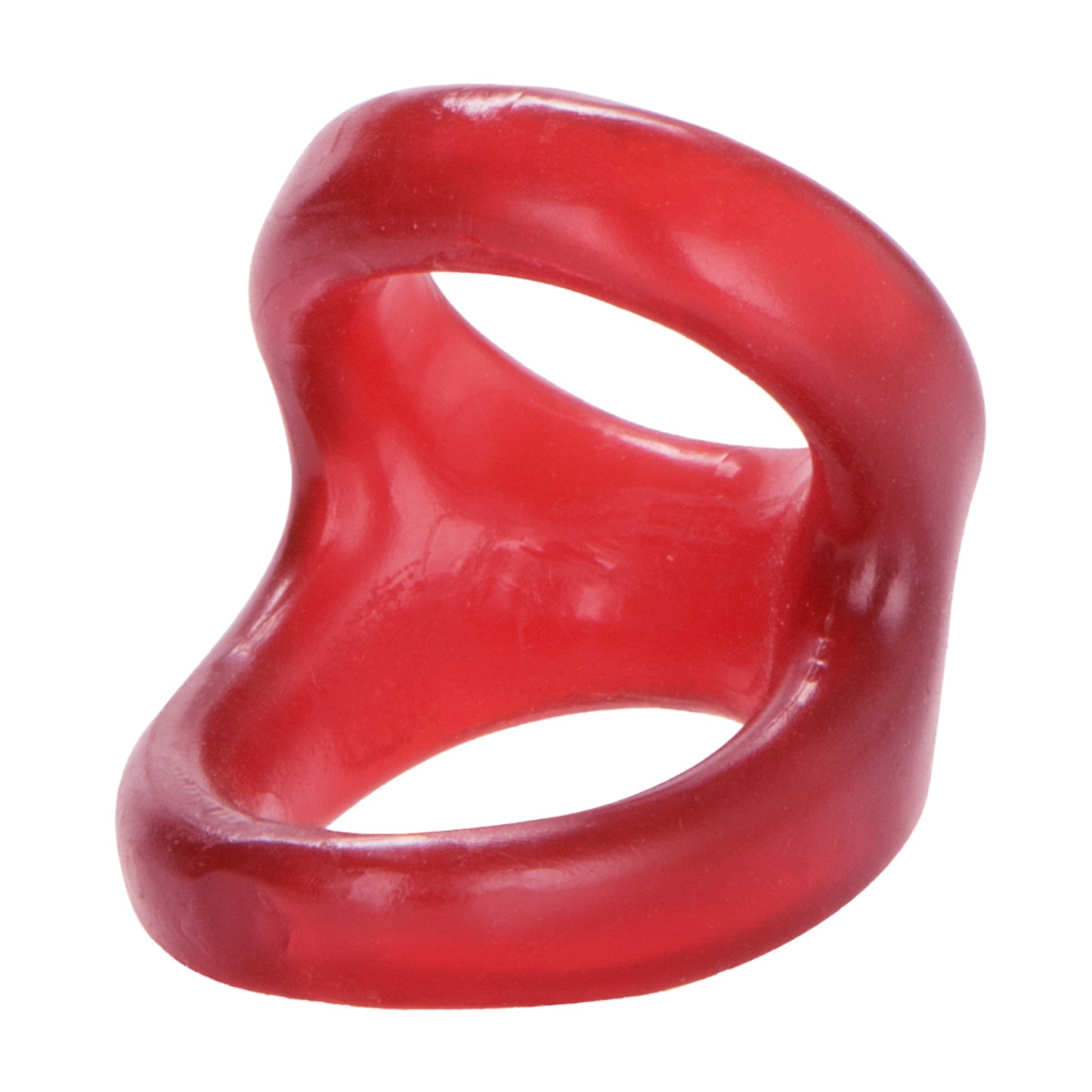 Angled view of red dual support ring showing contours 