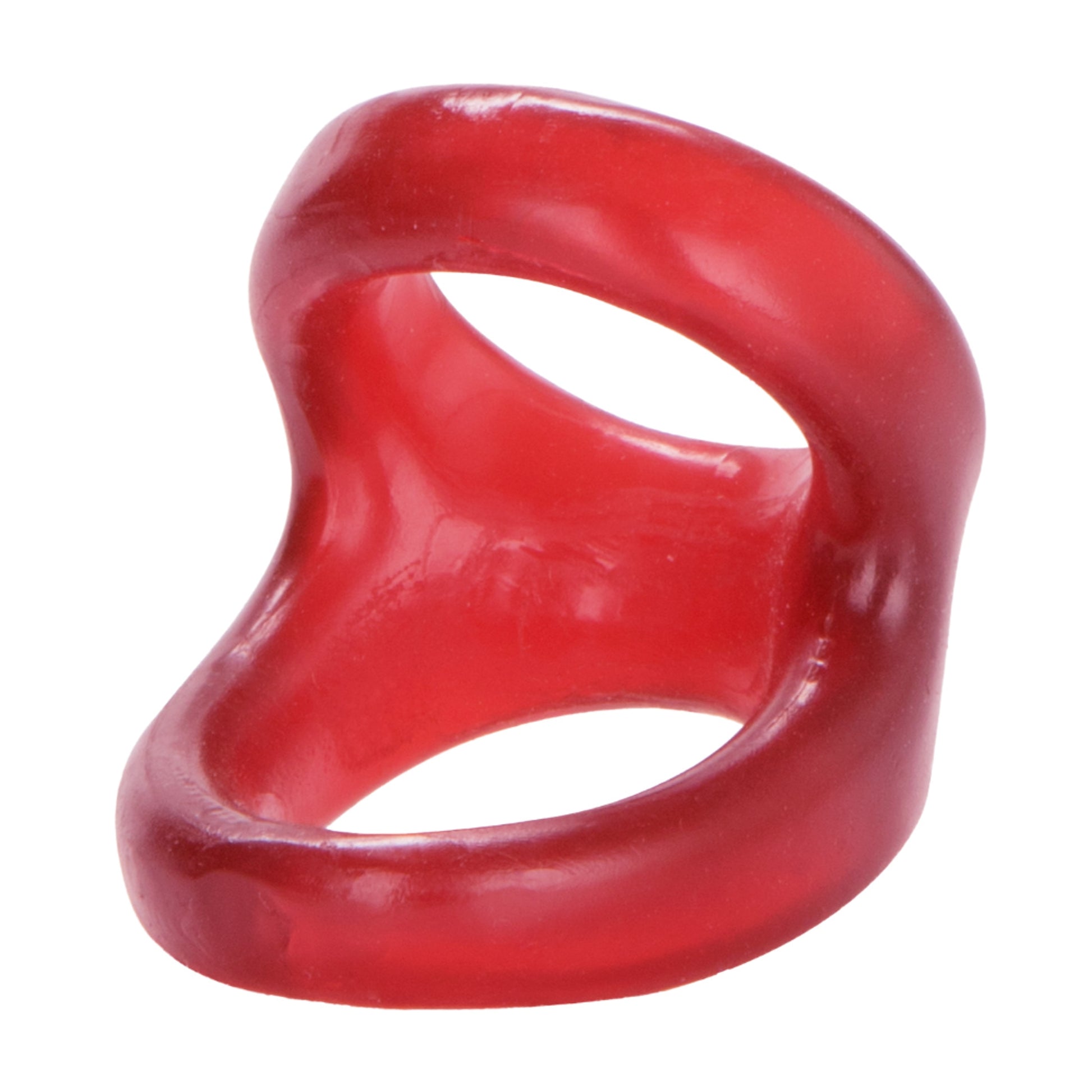 Angled view of red dual support ring showing contours 