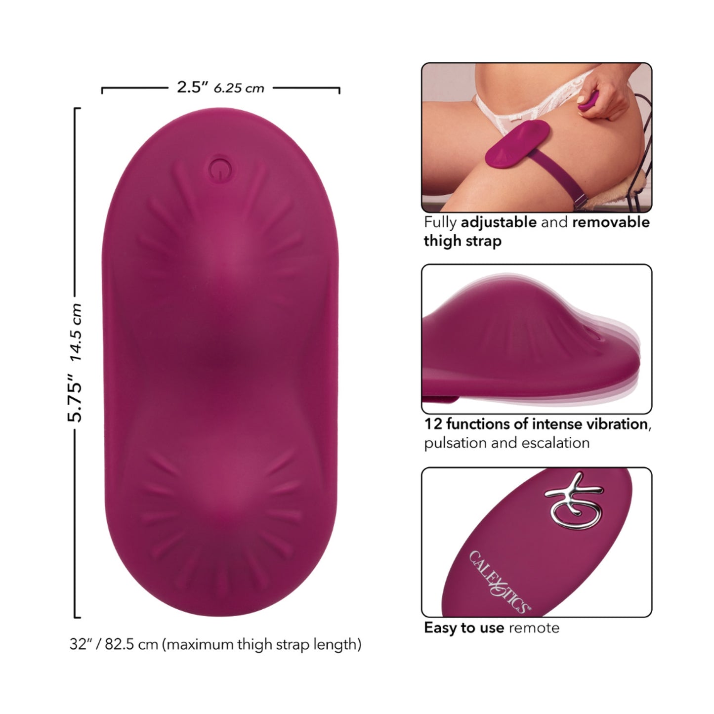 Dimensions and adjustable thigh strap diagram