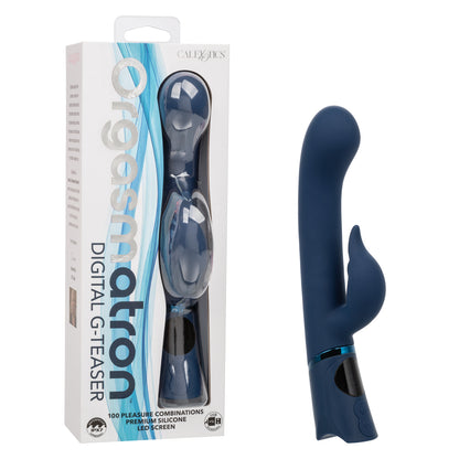 Blue digital Orgasmatron-vibrator with packaging on a white background