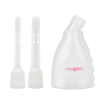 Transparent bottle with two interchangeable nozzles displayed separately