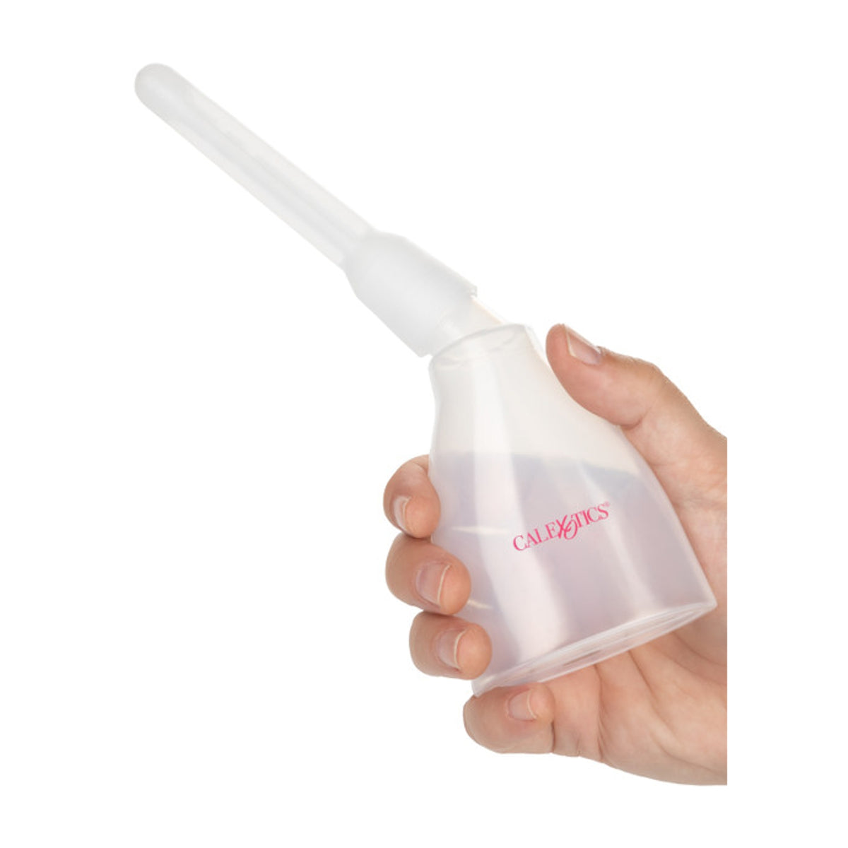 Ergonomic squeezable bottle held in hand showing contoured grip