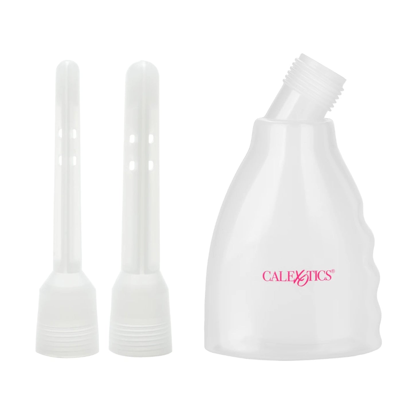 Douche bottle with interchangeable nozzles displayed