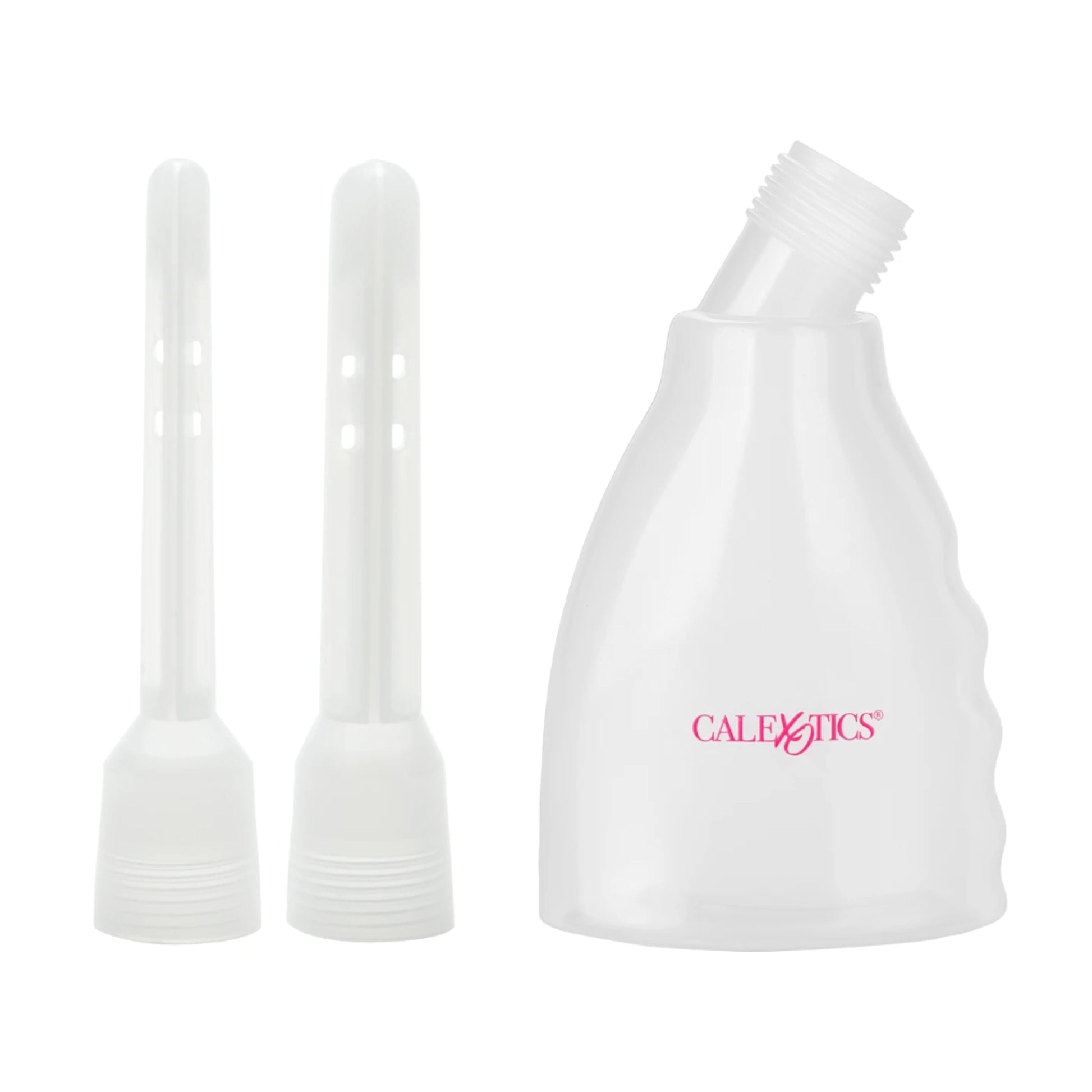 Douche bottle with interchangeable nozzles displayed