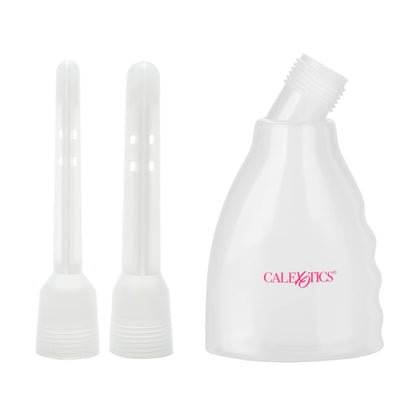 Douche bottle with interchangeable nozzles displayed