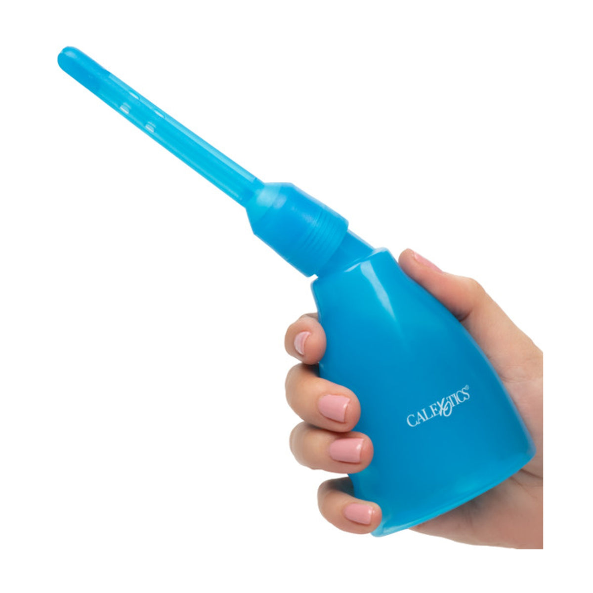 Squeezable bottle held in hand showing contoured grip