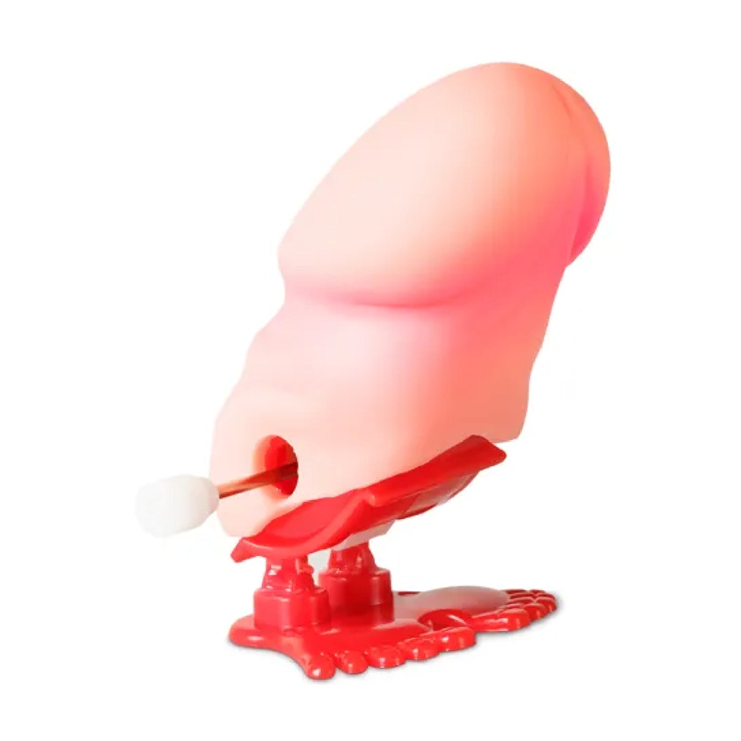 Angled view of wind-up novelty pecker with winding key