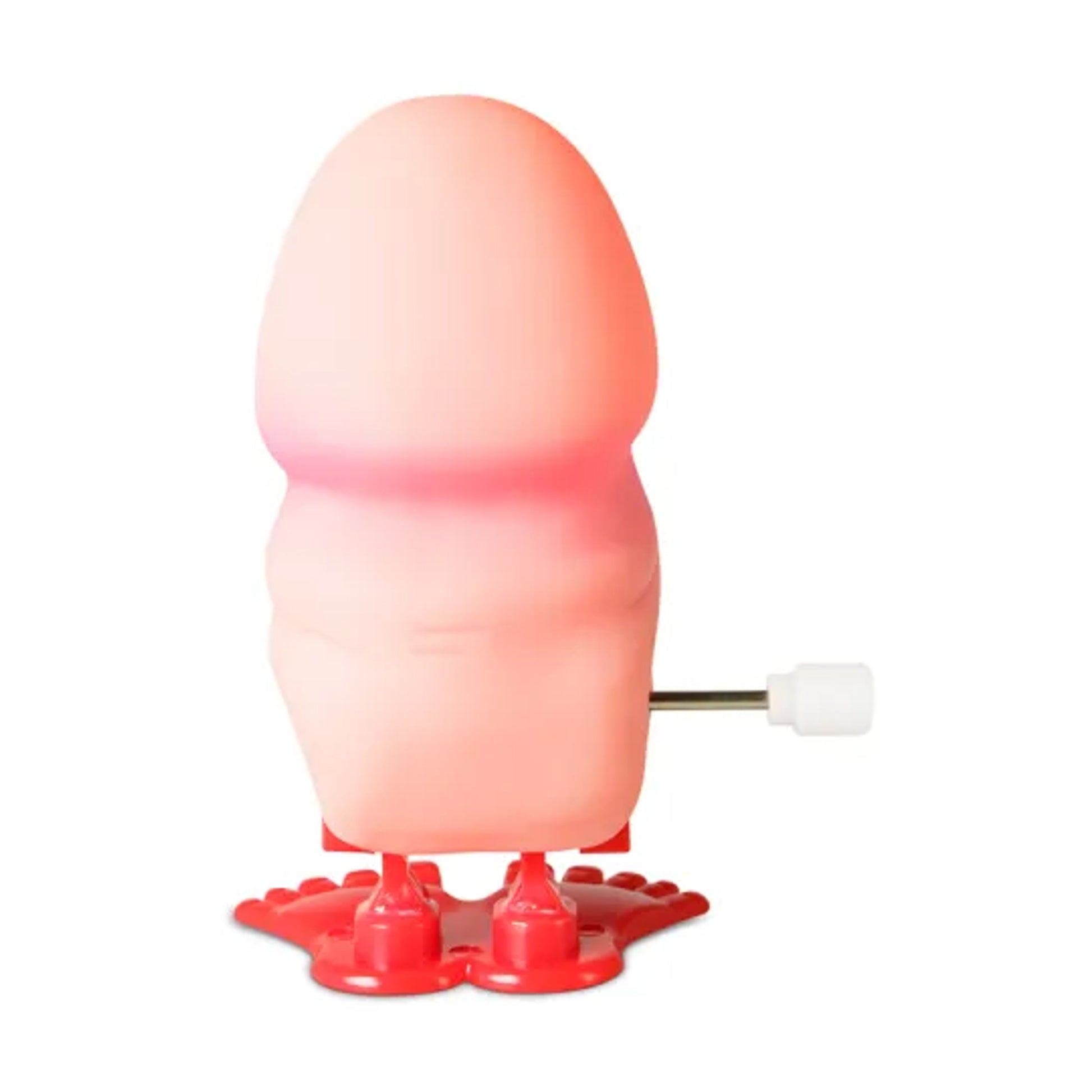 Side view of novelty wind-up pecker on red feet
