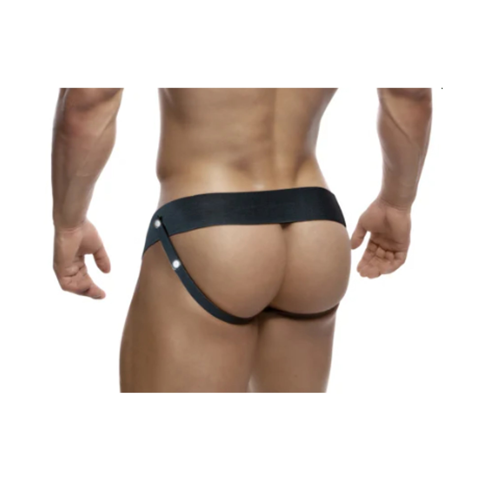Rear view of jock-style elastic harness on model
