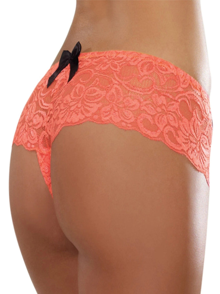Dreamgirl Bows Lace Crotchless Boyshort Large Coral