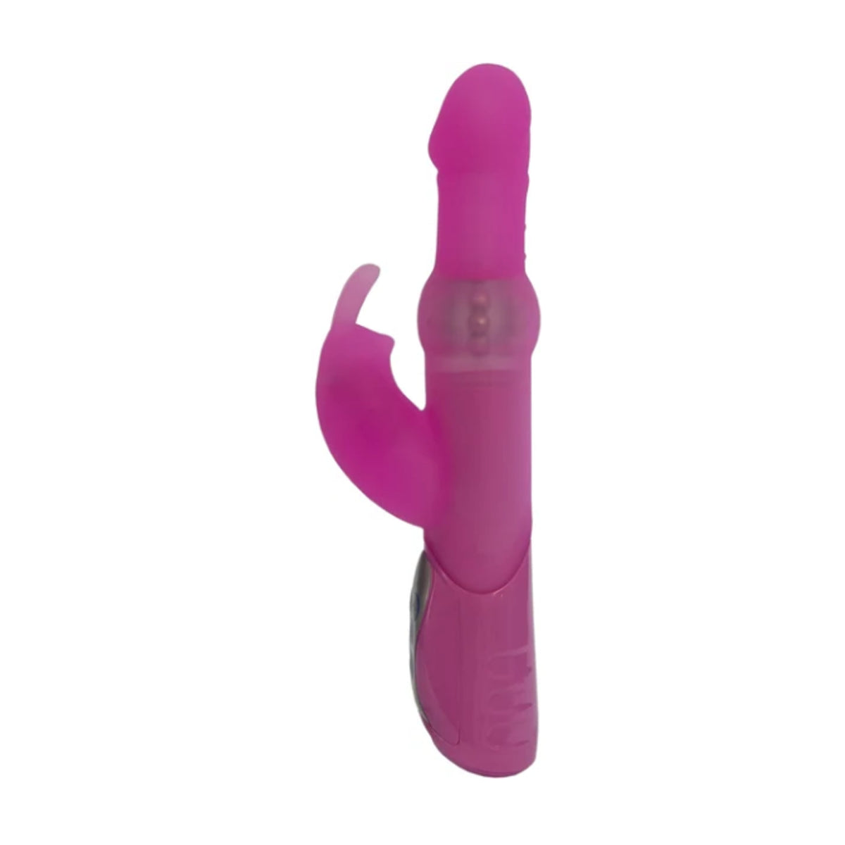 Pink rabbit showing rotating bead section and curved clitoral stimulator