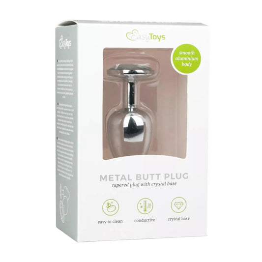 Easy Toys Round Metal Butt Plug Small Chrome-Clear in retail packaging