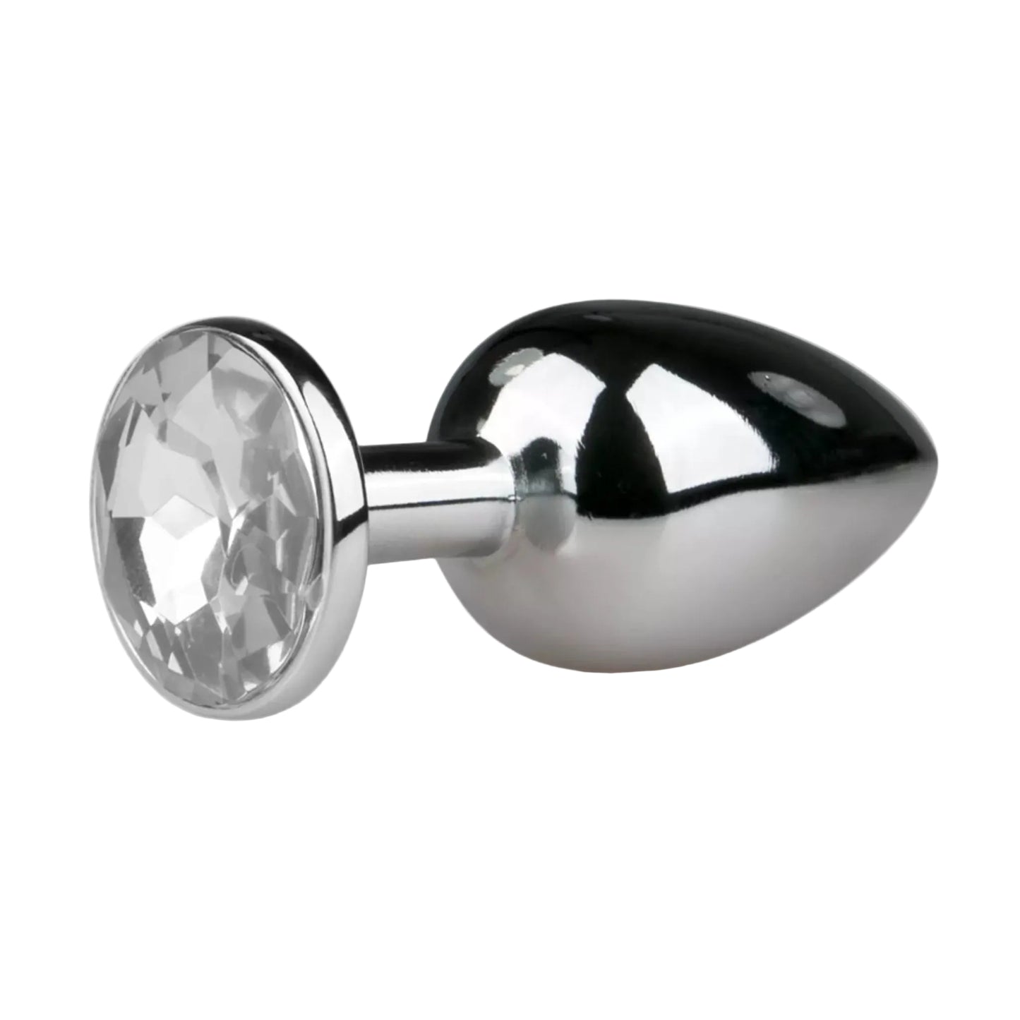 Side view showing chrome metal plug with clear crystal base