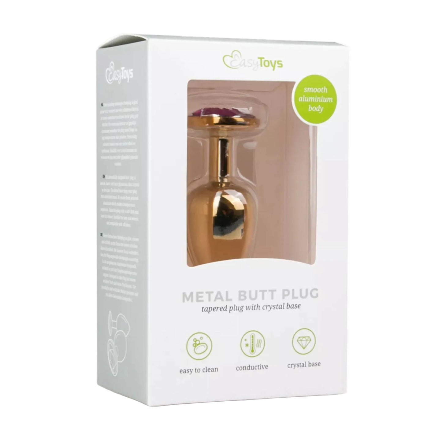 Easy Toys Round Metal Butt Plug Small Gold-Purple in retail packaging