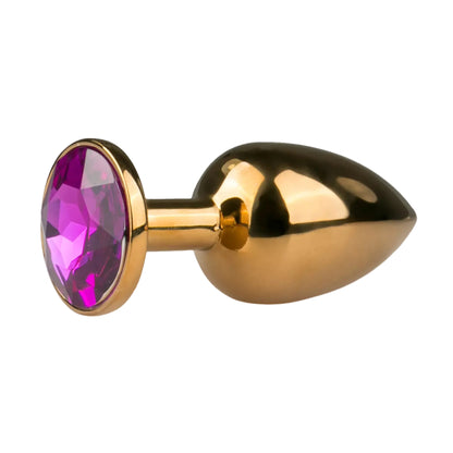 Side view showing gold metal plug and purple crystal base