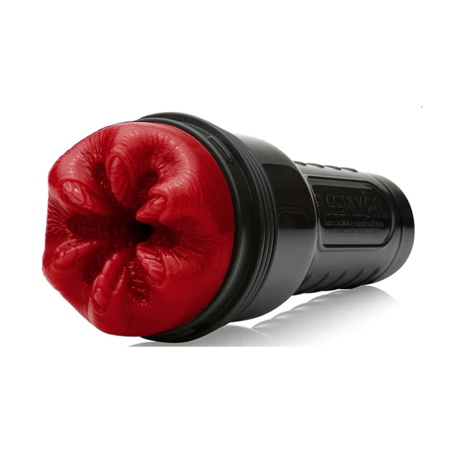 Reaper vagina sleeve mounted in black Fleshlight case angled view
