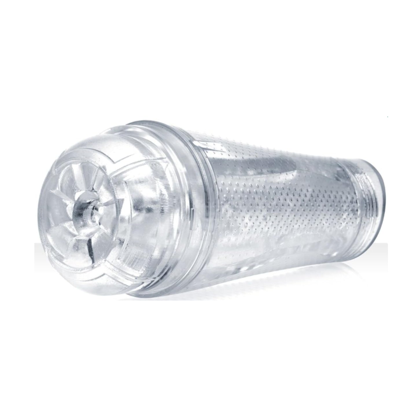 Side view of the clear Fleshlight device lying horizontally 