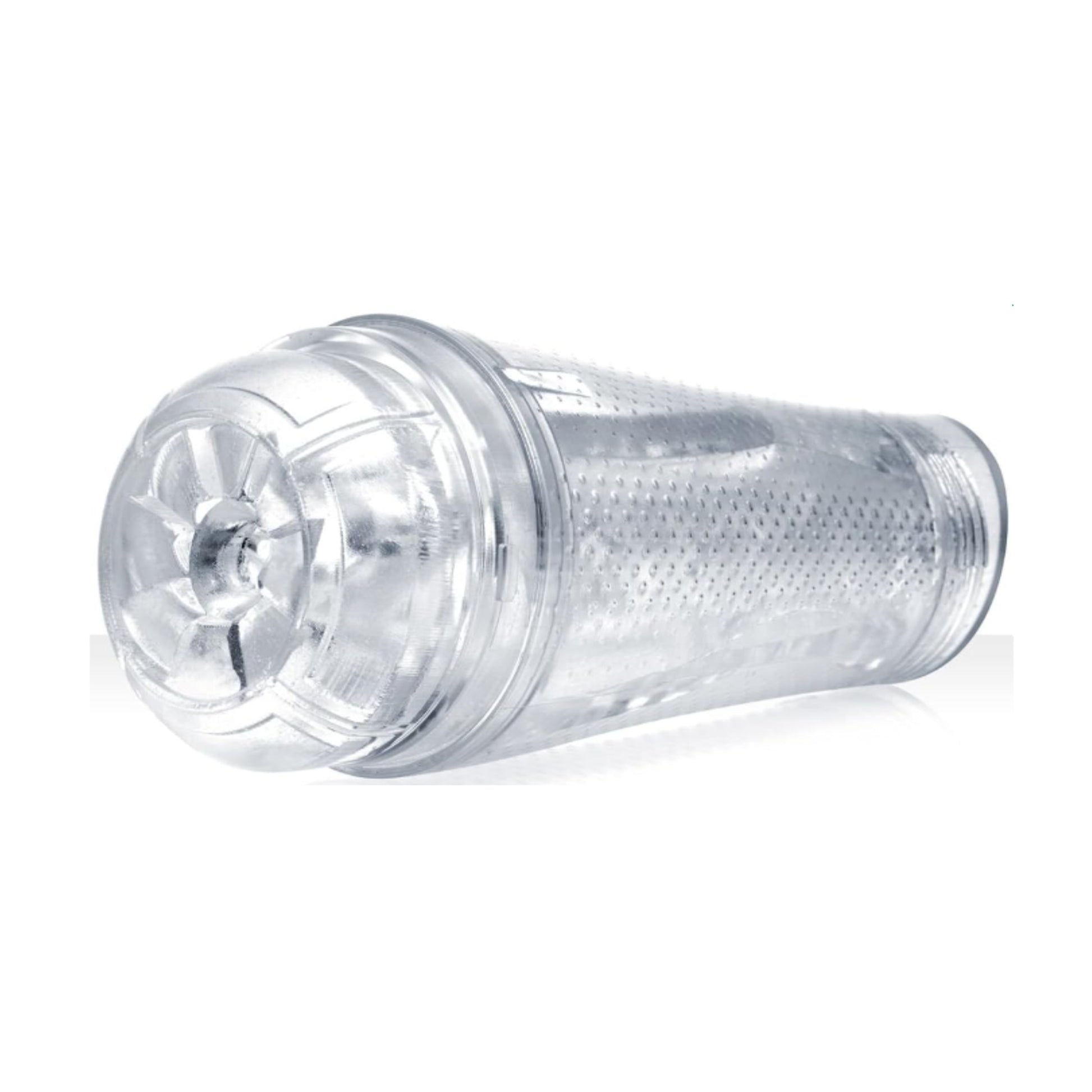 Side view of the clear Fleshlight device lying horizontally 