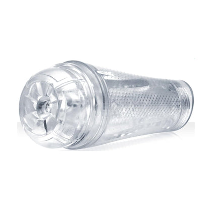 Side view of the clear Fleshlight device lying horizontally 