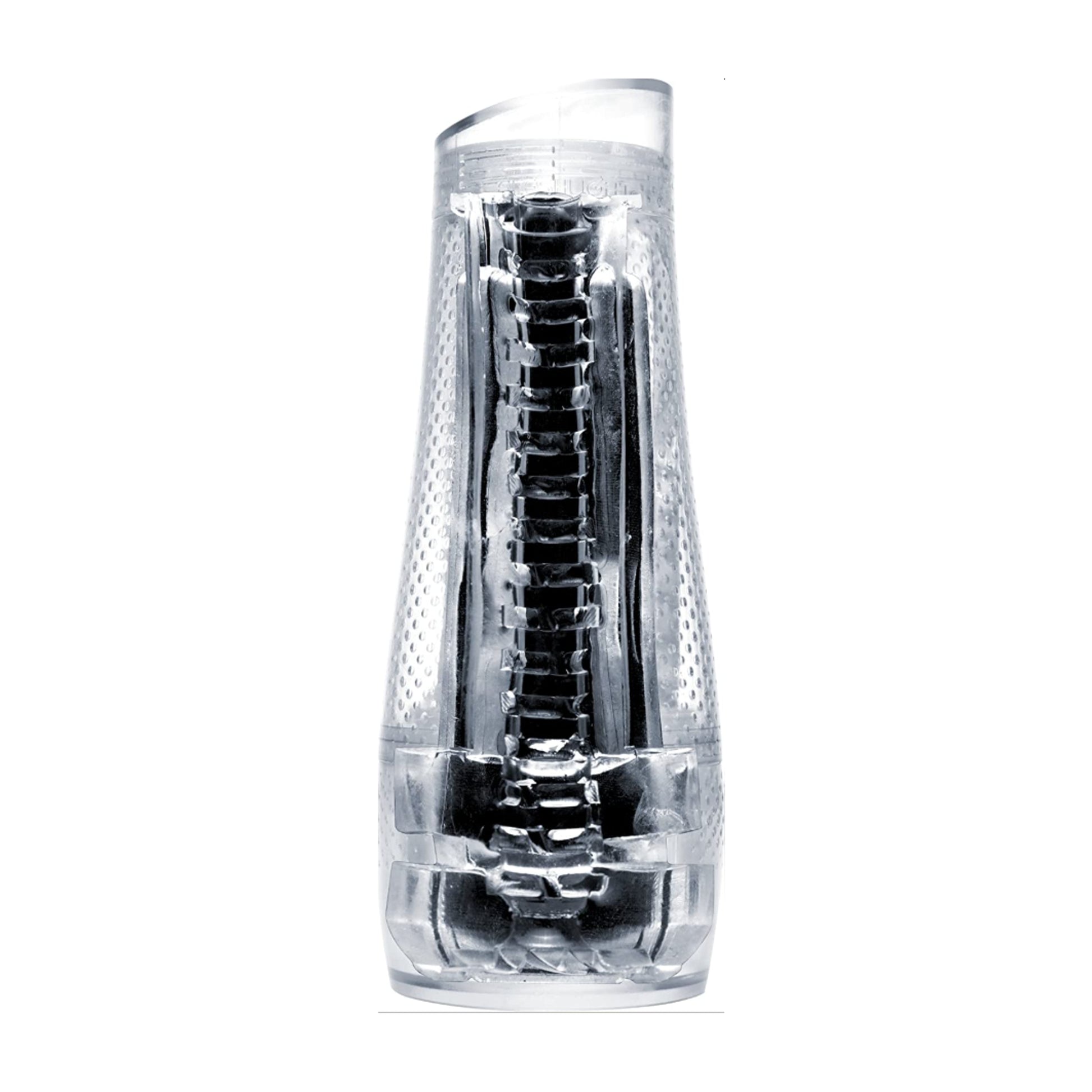 Unboxed clear Fleshlight device standing upright showing full sleeve