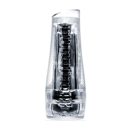 Unboxed clear Fleshlight device standing upright showing full sleeve