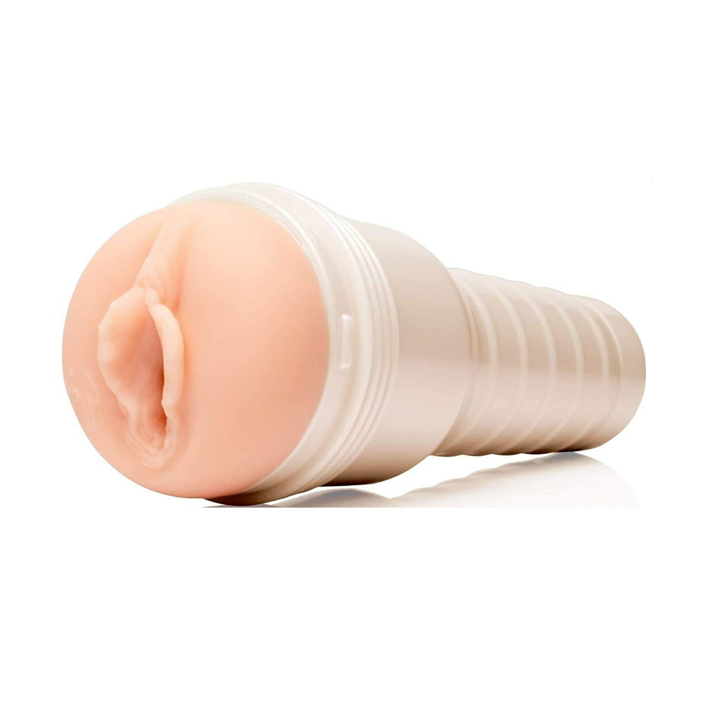 Pearl white Fleshlight case sideways view with Squirt sleeve