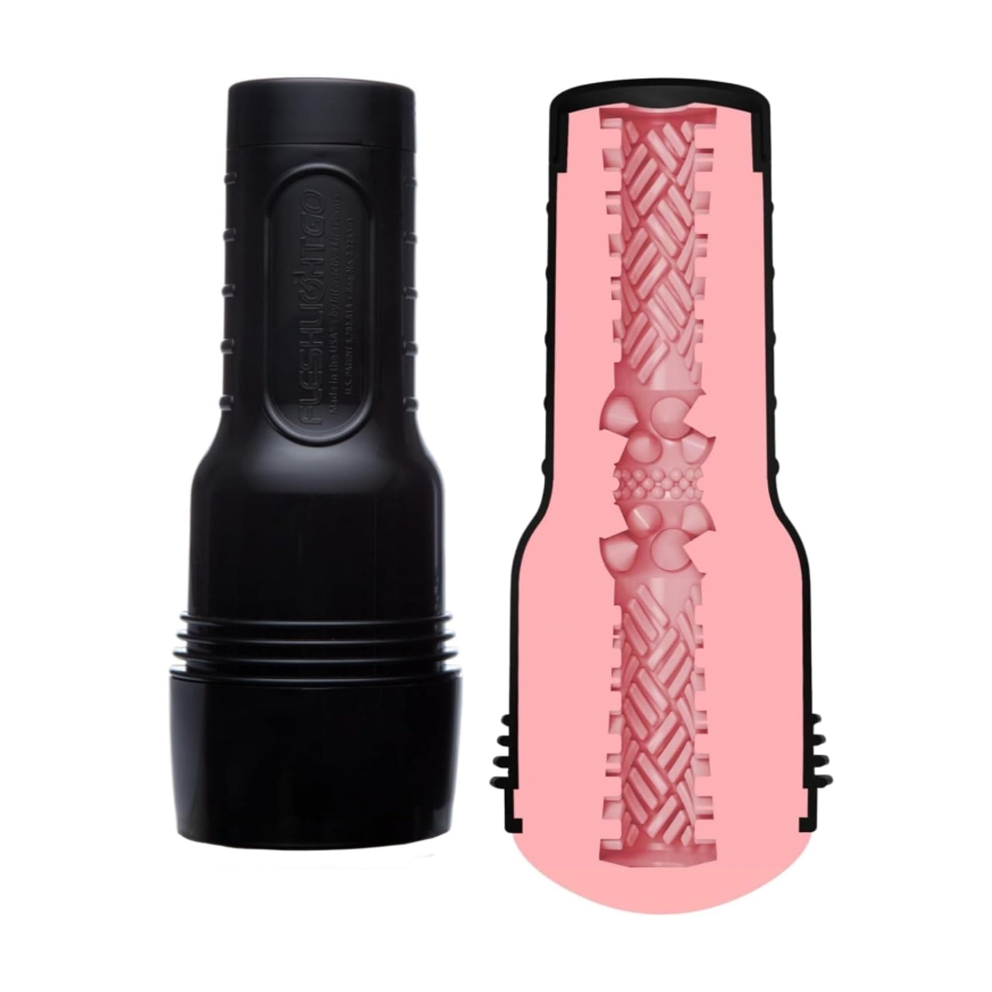 Black case beside cutaway view of textured pink sleeve