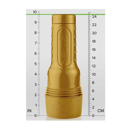 Gold Fleshlight case with inch and centimetre measurements