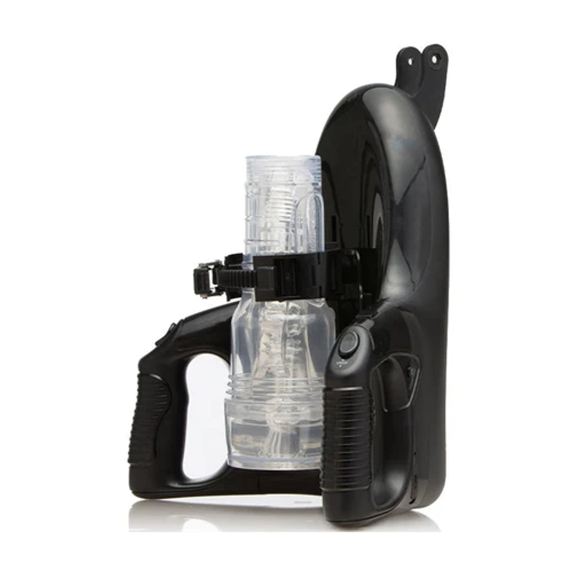 Side view showing stroker secured in mount