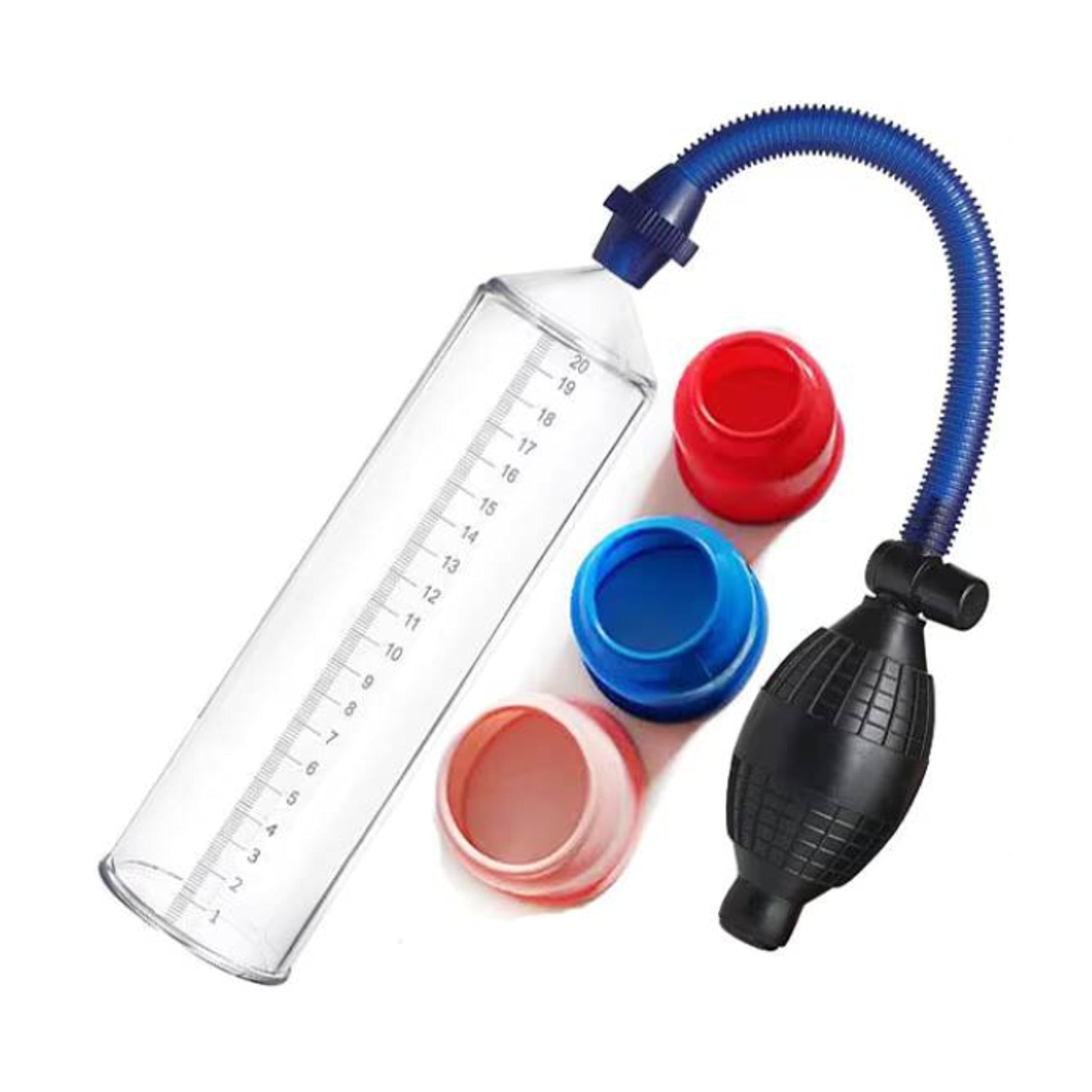 Angled view of penis pump with hand bulb and comfort sleeves