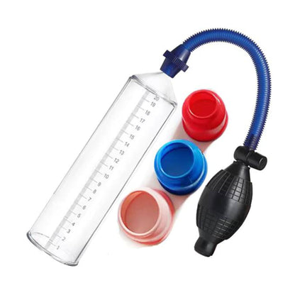 Angled view of penis pump with hand bulb and comfort sleeves