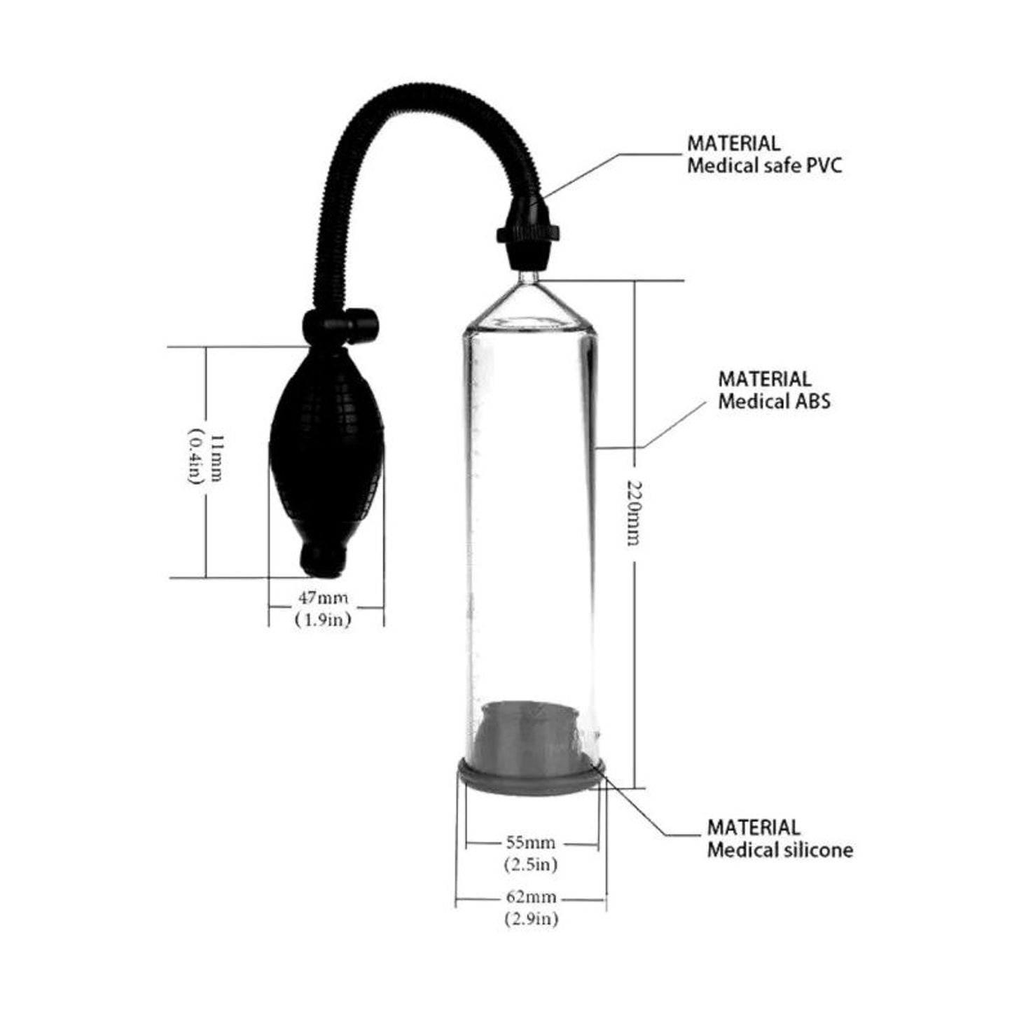 Dimension diagram showing pump measurements and components