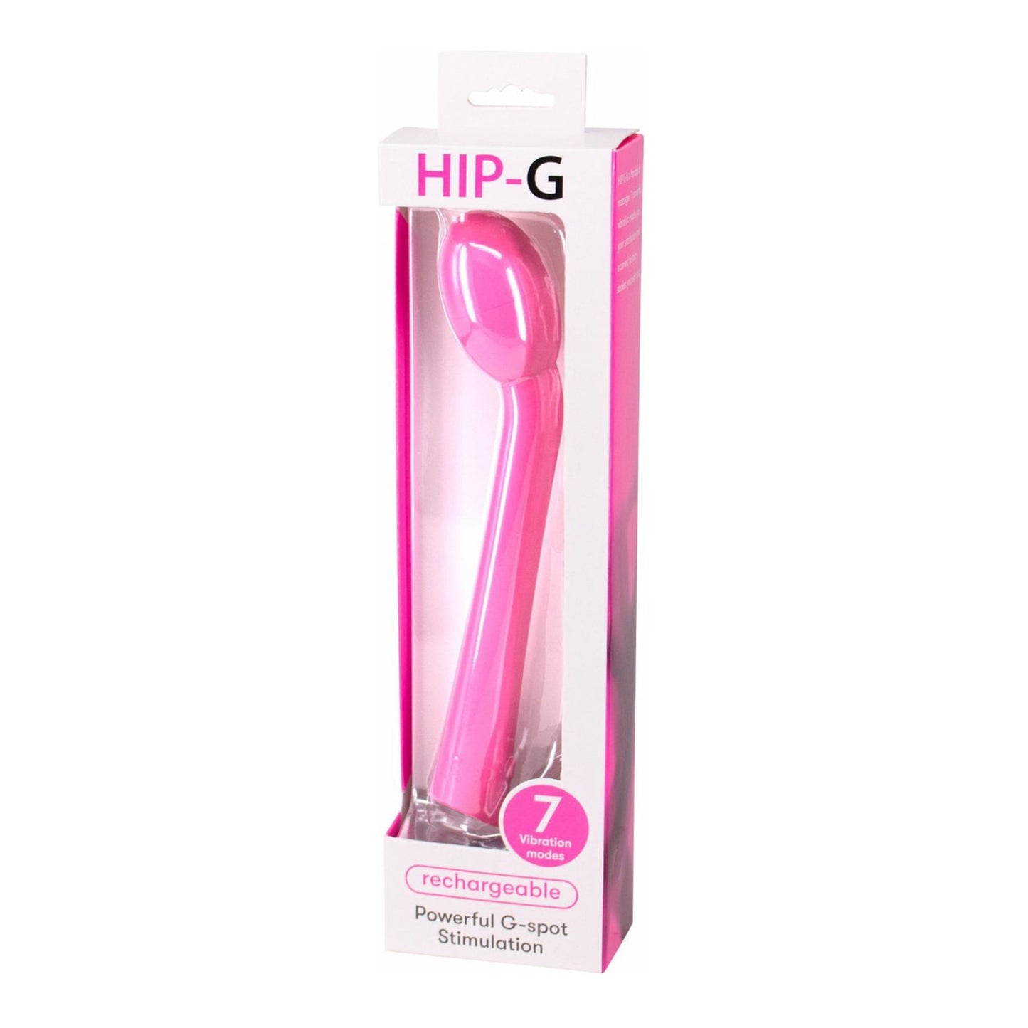Pink HIP-G prechargeable G-Spot vibrator in packaging on a white background
