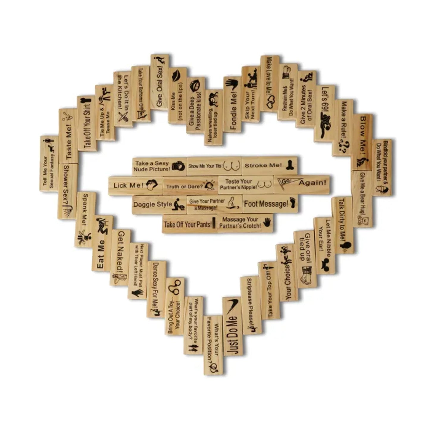 Heart-shaped arrangement of wooden Jenga game blocks