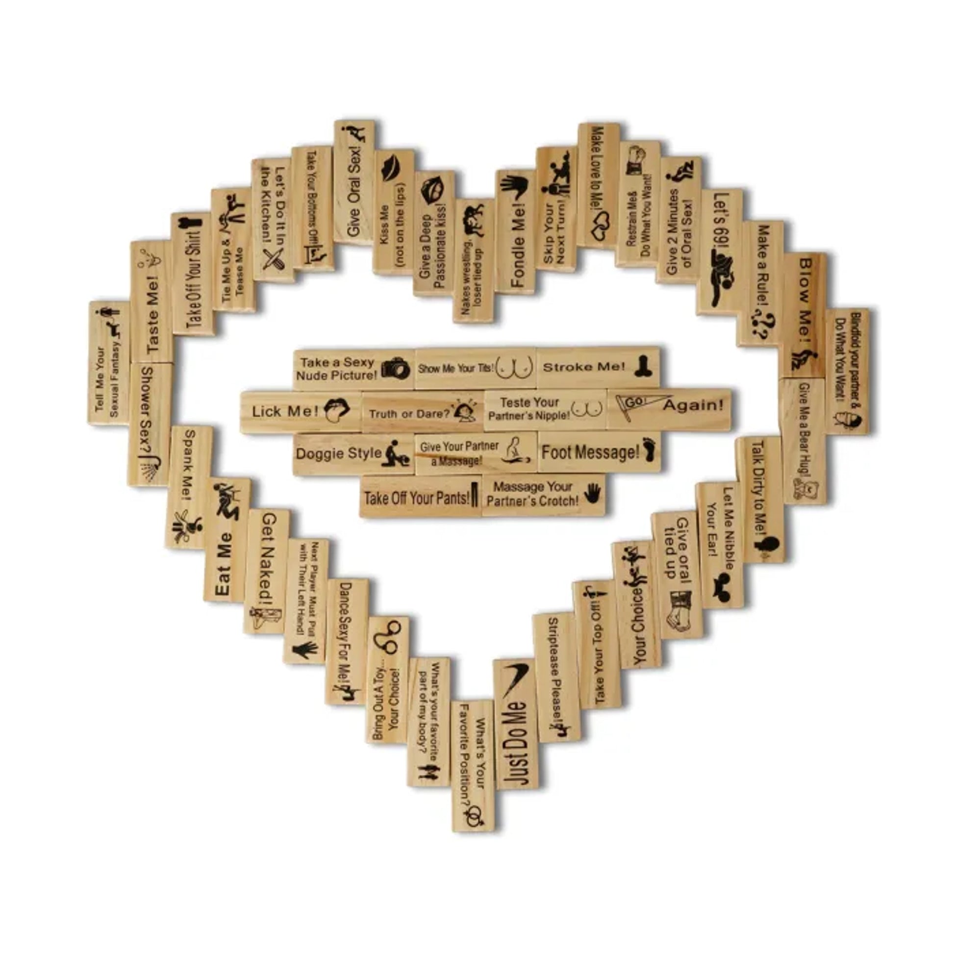 Heart-shaped arrangement of wooden Jenga game blocks