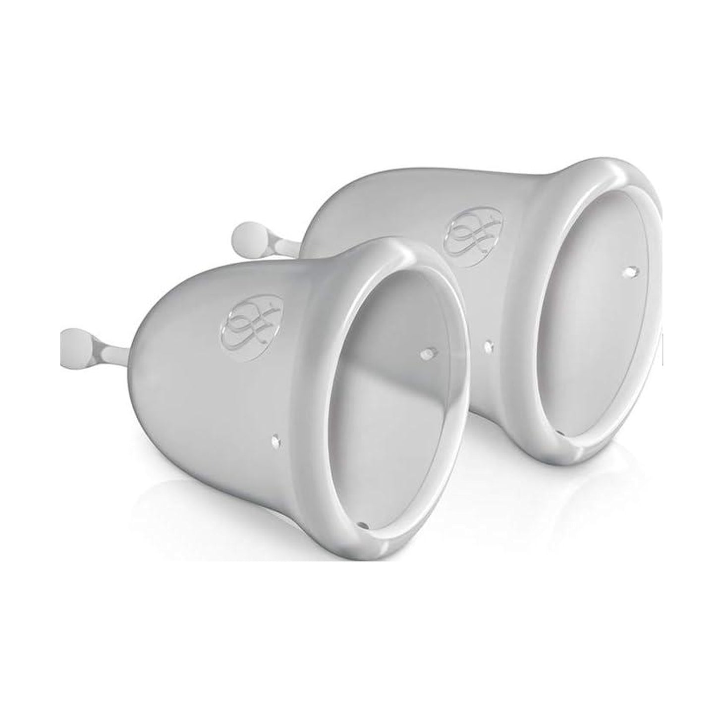 Clear menstrual cups angled side view detail