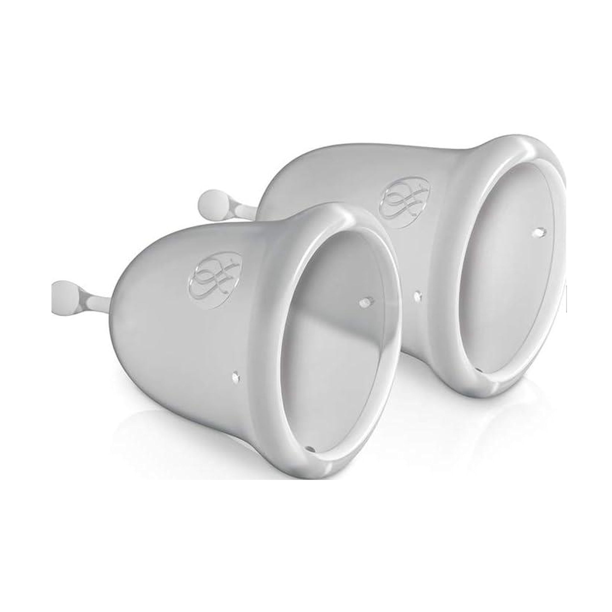 Clear menstrual cups angled side view detail