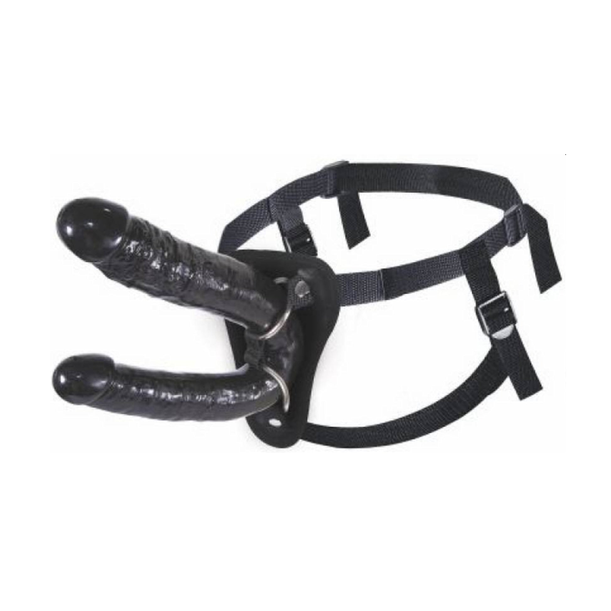 Black strap-on harness with double-ended dildo fitted