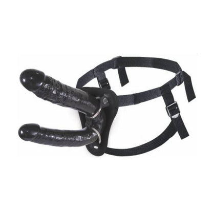 Black strap-on harness with double-ended dildo fitted