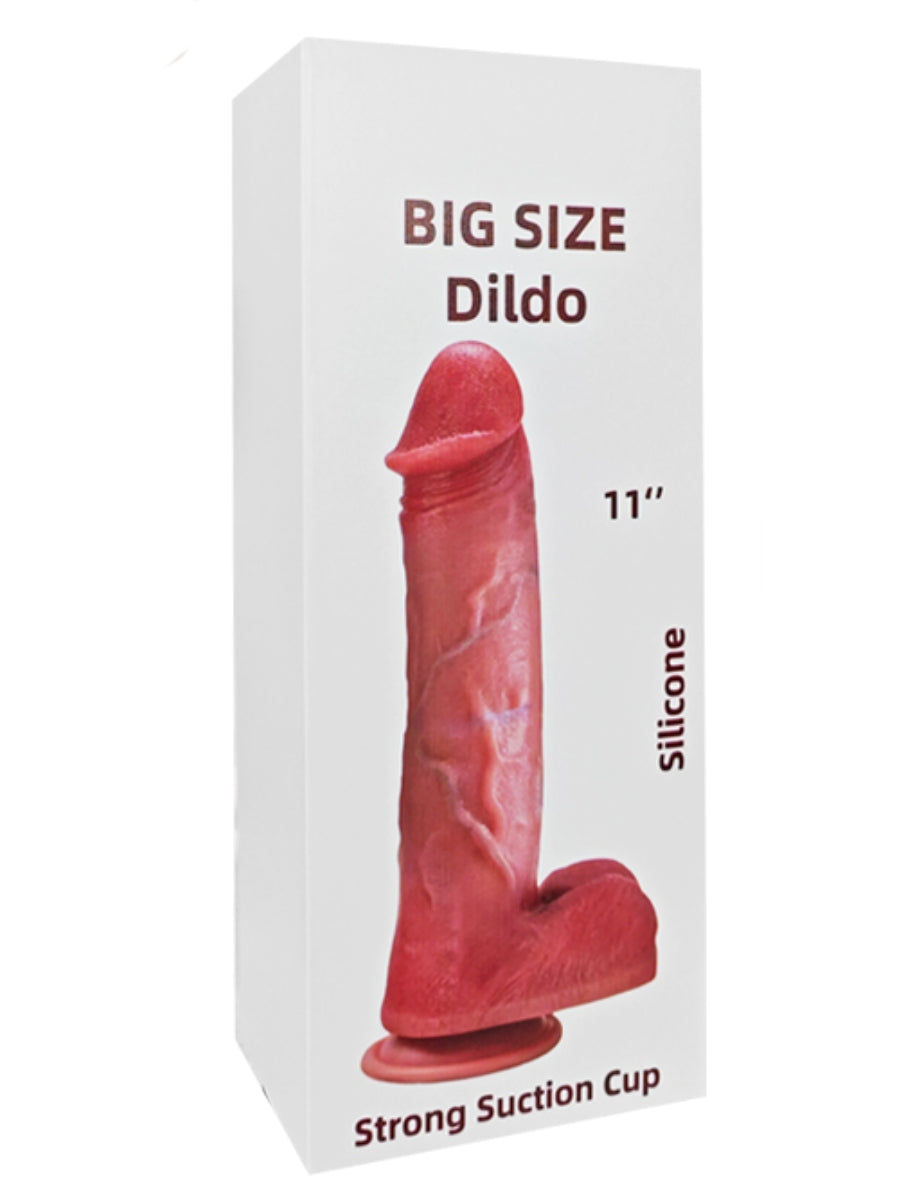 flesh silicone dildo with packaging labeled 'Big Size Dildo 11" Silicone Strong Suction Cup' on a white background