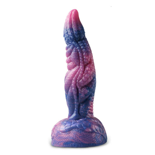 Colorful blue & pink fantasy dildo on white background 