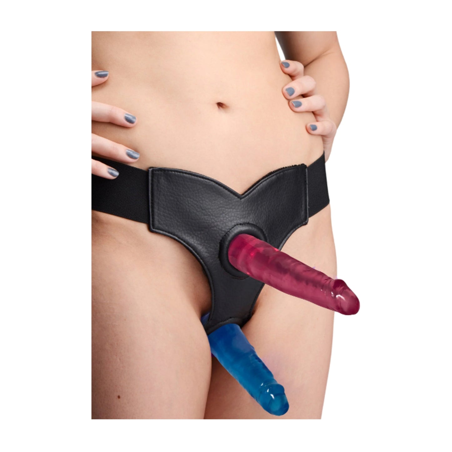 Harness worn with two penetrative toys fitted